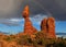 Beautiful Rainbow Over The Red Colored Balanced Rock Arches National Park Utah