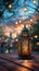 Beautiful Ramadan scene Lantern on wooden table amid peaceful setting