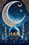 Beautiful ramadan theme, with gracefully mosque, crescent moon hangs in twilight sky, stars, ramadan ornaments