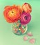 Beautiful ranunculus in a vase full of sweets on a green