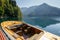 Beautiful rarity wooden speed boat on the background of the mountains on Lake Ritsa