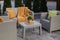 Beautiful rattan garden furniture, soft pillows and houseplant outdoors