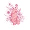 Beautiful realistic anatomical heart overgrown with spring blooming flowers hand drawn with pink contour lines on white