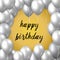 Beautiful realistic happy birthday vector greeting card with silver flying party balloons on golden background