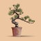 Beautiful realistic tree.Tree in bonsai style. Bonsai tree with unusual twisted trunk on the low round pot. Decorative
