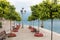 Beautiful recreational place at gargnano lakeside promenade with benches and lantern