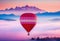 Beautiful red air balloon heart shape against blue and pink pastel sky in a sunny bright morning