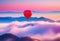 Beautiful red air balloon heart shape against blue and pink pastel sky in a sunny bright morning