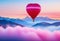 Beautiful red air balloon heart shape against blue and pink pastel sky in a sunny bright morning