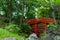 Beautiful red bridge in Koishikawa Botanical Gardens, Tokyo