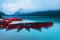 Beautiful red canoes docked at Lake Louise, Banff, Canada