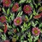 Beautiful red chrysanthemum flowers with gray outlines on black background. Seamless botanical pattern.