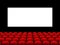 Beautiful red cinema hall with seats facing a white screen on a black stage vector