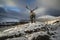 Beautiful red deer stag in snow covered mountain range festive s