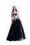 Beautiful red hair women model in amazing prom black dress with pink flowers