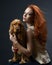 Beautiful red-haired girl with a dog in the dark