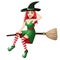 Beautiful red haired witch flying on a broomstick isolated