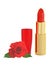 Beautiful red lipstick in golden tube and red rose