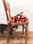 Beautiful red and pink tulips on stylish wooden rustic chair and cute funny cat under chair in home. Hello spring concept.