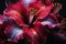 Beautiful red and purple lily flower with water drops on black background, Uncover the beauty of flowers with AI macro photography