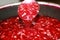 Beautiful red raspberry jelly dripping from a spoon