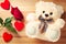 Beautiful red rose hearts and teddy bear