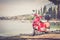 Beautiful red scooter on the beach, landscape and blue sky