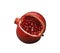 Beautiful red sliced pomegranate on a white isolated background. Pomegranate fruit with red shiny garnet beads instead of seeds