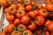 Beautiful red tomatoes on a branch in a drawer in a supermarket. Ripe fresh tomato for sale. Fresh Vegetables Department at