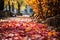 beautiful red and yellow leaves on the path Autumn park path Red leaves, romantic mood