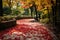 beautiful red and yellow leaves on the path Autumn park path Red leaves, romantic mood