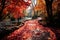 beautiful red and yellow leaves on the path Autumn park path Red leaves, romantic mood