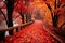 beautiful red and yellow leaves on the path Autumn park path Red leaves, romantic mood