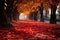 beautiful red and yellow leaves on the path Autumn park path Red leaves, romantic mood