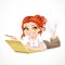 Beautiful redhaired girl lying on a white floor and working at a laptop