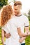 beautiful redhead couple able to kiss while embracing