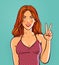 Beautiful redhead girl. Hand gesture is symbol of victory or peace. Pop art retro comic style. Cartoon vector