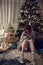 Beautiful redhead girl playing with a cat near a Christmas tree