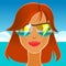 Beautiful redhead girl in sunglasses on the beach.