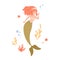 Beautiful redhead mermaid with long hair and fish tail. Cute underwater fairy princess in shell bra and coral crown