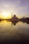 Beautiful reflection of Putra Mosque in the lake during blue hour.