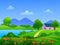 Beautiful and relaxing cartoon countryside landscape