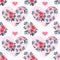 Beautiful repeating pattern with pink hearts and watercolor flowers. Seamless background for postcard, print, booklet, packaging