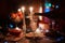 Beautiful retro holiday decor, birthday party. Burning candles and lights in the dark, Christmas