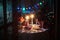 Beautiful retro holiday decor, birthday party. Burning candles and lights in the dark, Christmas