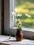 Beautiful retro still life with chamomile flowers in clay jug on windowsill of old window of old country house