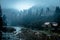 Beautiful river with houses on bank in mountains