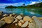 Beautiful river landscape from Costa Rica. River Rio Baru in the tropic forest. Stones in the river. Trees above the river. Summer