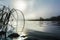 Beautiful river landscape with dawn mist and morning dew selective focus