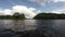 Beautiful river landscape, green nature, clouds, boating POV